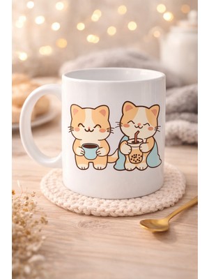 Sevimli Kedi Tasarımlı Porselen Kupa Model 194 – Ikili Cute Cat Baskılı Kahve Kupası – Ked