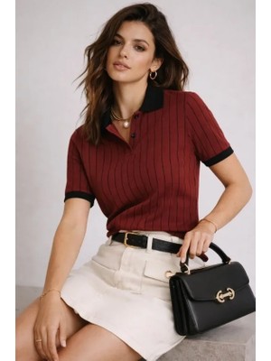 Bizcomoda Polo Yaka Çizgili Tişört Kısa Kol Düğmeli Yazlık T-Shirt - Bordo