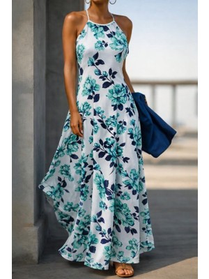 Gökyüzü Moda Kadın Omuzlardan Açık Ip Askılı Desenli Uzun Süprem Elbise