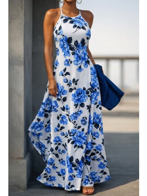 Gökyüzü Moda Kadın Omuzlardan Açık Ip Askılı Desenli Uzun Süprem Elbise