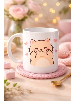 Sevimli Kedi Tasarımlı Porselen Kupa Model 193 – Kalpli Cute Cat Baskılı Kahve Kupası – Sev