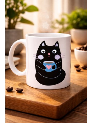Sevimli Siyah Kedi Baskılı Porselen Kupa Model 198 – Kahve Içen Kedi Tasarımlı Kupa Bardak �