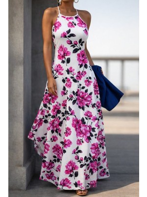 Kendim Fashion Kadın Omuzlardan Açık Ip Askılı Desenli Uzun Süprem Elbise