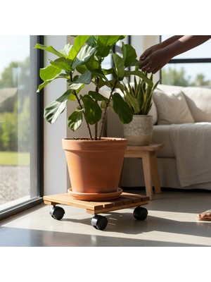 Afro Garden Masif Teak Saksı Altlığı 30X30 cm - Kilitli Tekerlekli
