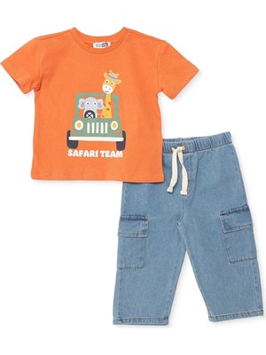 Hellobaby Erkek Bebek Tişört-Pantolon Hayvan Baskılı Bağcıklı Bisiklet Yaka Kısa Kol Reçme