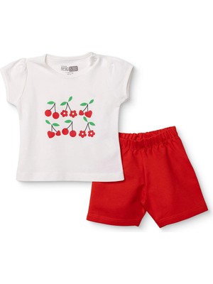 Hellobaby Kız Bebek Tişört-Şort Kiraz Baskılı Çıtçıtlı Bisiklet Yaka Kısa Kol Reçme