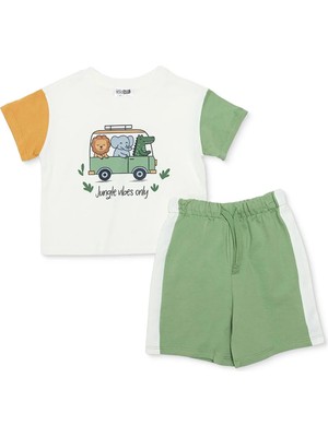 Hellobaby Erkek Bebek Tişört-Şort Hayvan Baskılı Bağcıklı Bisiklet Yaka Kısa Kol Reçme