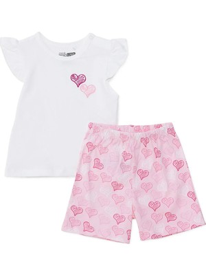 Hellobaby Kız Bebek Tişört-Şort Kalp Baskılı Çıtçıtlı Bisiklet Yaka Kısa Kol Reçme