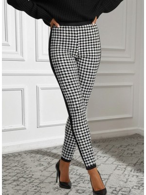 Pileli Store Kadın Yüksek Bel Kaz Ayağı Desenli Yanları Şeritli Dalgıç Pantolon