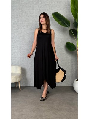 Pileli Store Kadın Çan Dokuma Kumaş V Yaka Asimetrik Kesim Elbise