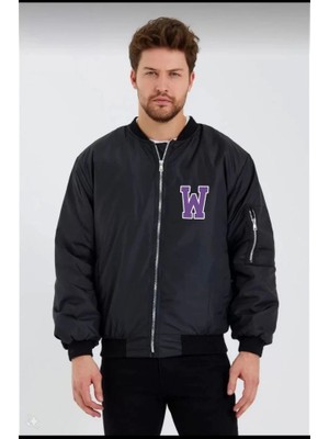 Pileli Store Unisex Uzun Kol Baskılı Bomber Ceket - Siyah