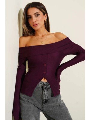 Esplendor Madonna Yaka Düğmeli Bluz Mürdüm