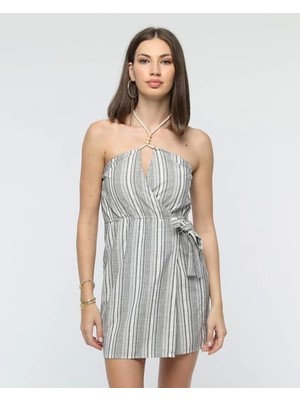 Esplendor Kuşaklı Çizgili Mini Keten Elbise