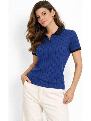 Alfanora Kadın Polo Yaka Çizgili Tişört Kısa Kol Düğmeli Yazlık T-Shirt - Saks Mavisi