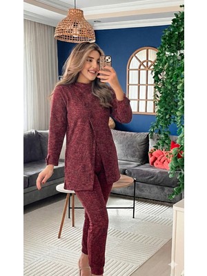 Pileli Store Kadın Uzun Kollu Balıkçı Yaka Önden Düğmeli Bluz ve Pantolon Yumoş Ikili Takım