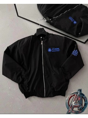 Pileli Store Tam Kalıp Uzun Kol Baskılı Bomber Ceket - Siyah