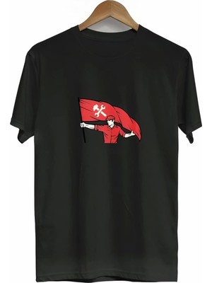 Pileli Store 1 Mayıs Emekçilerimiz Için Özel Tasarım Bayraklı Emekçi Baskılı T-Shirt - Siyah
