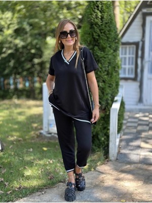 Pileli Store Kadın Kısa Kollu V Yakalı Iki Iplik Bluz ve Pantolon Ikili Takım