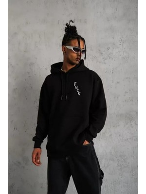 Pileli Store Unisex Kapşonlu Uzun Kol Baskılı Sweetshirt - Siyah