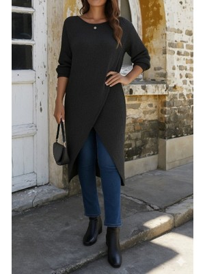 Pileli Store Kadın Uzun Kollu Bisiklet Yakalı Önden Çapraz Kesim Detaylı Midi Triko Elbise