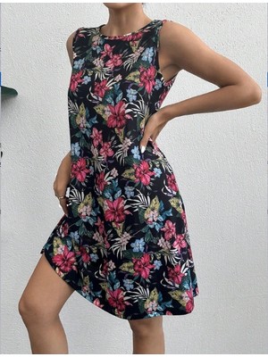 Pileli Store Kadın Renkli Çiçek Baskılı Süprem Elbise