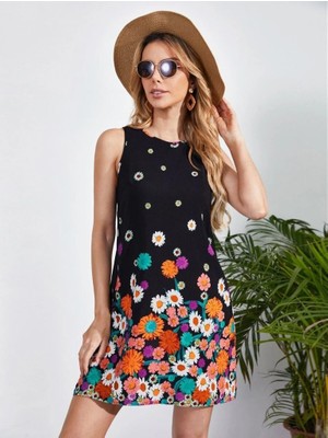 Pileli Store Kadın Sıfır Kollu Bisiklet Yaka Çiçek Desenli Süprem Mini Elbise