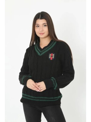 Pileli Store V Yaka Örgülü Kazak - Siyah