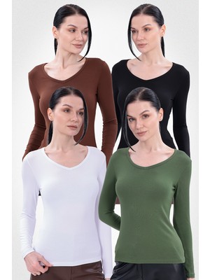 Yade Fashion V Yaka Uzun Kollu Kadın Body  4\\\'lü Set