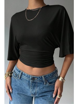 Tarz Cool Kadın Crop Bluz Yarım Kol Salaş Fit Yüksek Bel Büzgülü Basic Tişört
