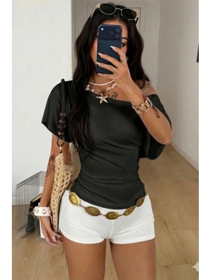 Tarz Cool Kadın Büzgülü Detaylı Kayık Yaka Basic T-Shirt Günlük Bluz