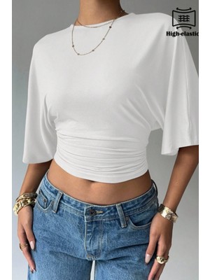 Tarz Cool Kadın Crop Bluz Yarım Kol Salaş Fit Yüksek Bel Büzgülü Basic Tişört
