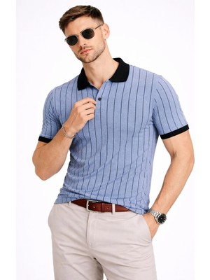 MidasTech Erkek Polo Yaka Çizgili Tişört Kısa Kol Düğmeli Yazlık T-Shirt - Bebek Mavisi