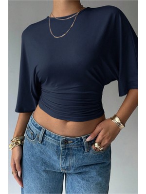 Tarz Cool Kadın Crop Bluz Yarım Kol Salaş Fit Yüksek Bel Büzgülü Basic Tişört