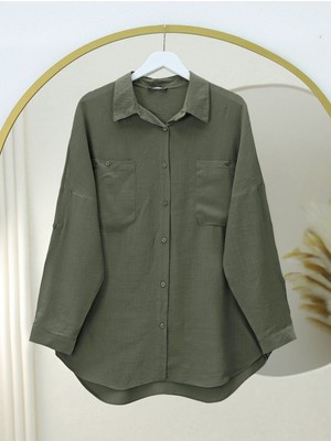 Modamorfo Çift Cepli Oval Kesim Kolu Katlamalı Gömlek Tunik -Haki