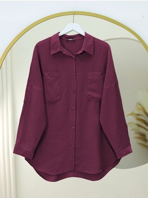 Modamorfo Çift Cepli Oval Kesim Kolu Katlamalı Gömlek Tunik -Bordo