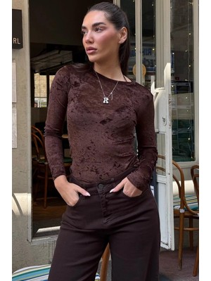 Madmext Kahverengi Transparan Kadife Dokulu Kadın Bluz MG2730