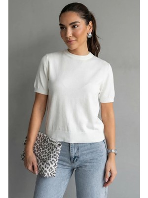 Madmext Ekru Bisiklet Yaka Kadın Triko Tişört MG2703