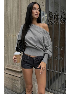 Madmext Gri Ribbed Asimetrik Kesimli Kadın Kazak MG2744