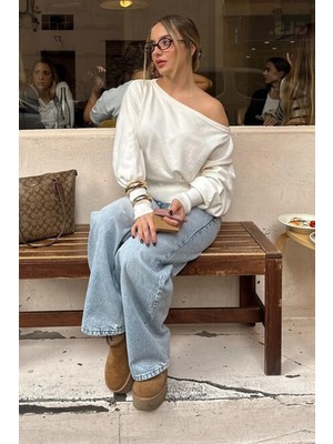 Madmext Ekru Ribbed Asimetrik Kesimli Kadın Kazak MG2744