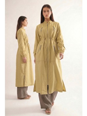 Ceremony Hakim Yaka Beli Büzgülü Önden Fermuar Detaylı Safari Kap Ceket 822 Sarı