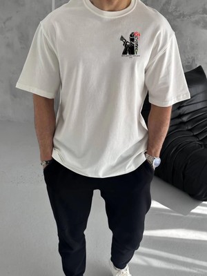 MidasTech Bisiklet Yaka Baskılı Oversize T-Shirt - Beyaz