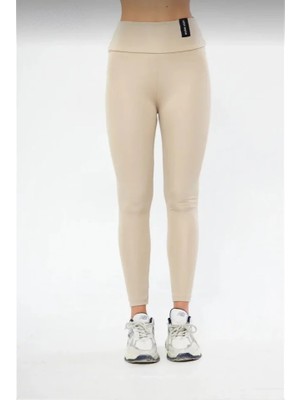 Modaurul Kışlık Yüksek Bel Toparlayicı ve Sıkılaştırıcı Likralı Şardonlu Tayt - Bej