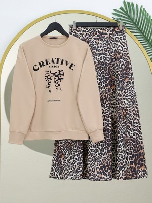 Moda Morfo Yuvarlak Yaka Fiyonk Baskılı Leopar Etekli Takım -Bej