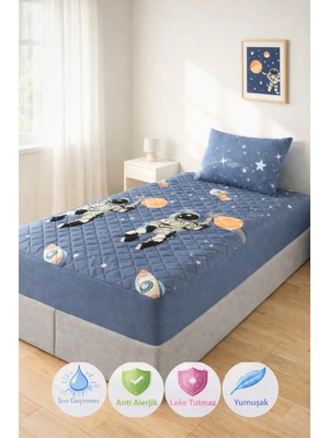Formeya Astronot Desen Tek Kişilik Kapitone Fitted Su Sıvı Geçirmez Yatak Alezi Seti (1 Adet Yastık Kılıflı)