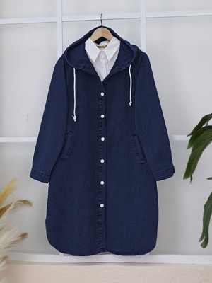 Modamorfo Kapşonlu Düğmeli Oval Kesim Kot Kap   -Laci