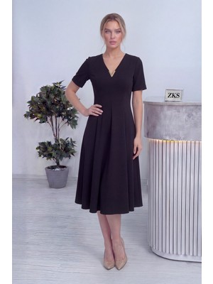 Thezkscom-Kadın V Yaka Pileli Midi Elbise Bordo, Kahverengi, Siyah, Mürdüm