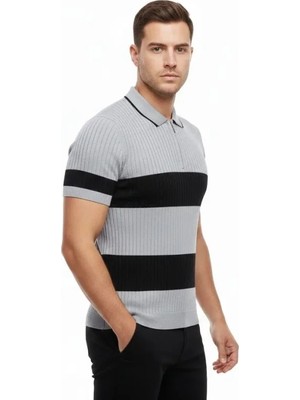Pileli Store Erkek T-Shirt Çizgili Triko Dokuma Kumaş Polo Yaka Yarım Fermuarlı Regular Kalıp Tişört - Gri