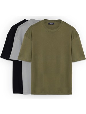 Tudors Unisex 3'lü Paket Siyah-Gri-Yeşil Oversize Geniş Kesim %100 Pamuk Basic Bisiklet Yaka Tişört 3'lü Tişört