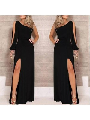 Pileli Store Tek Omuz Açık Derin Yırtmaçlı Krep Tam Boy Elbise