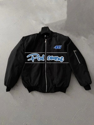 Pileli Store Tam Kalıp Uzun Kol Baskılı Bomber Ceket - Siyah